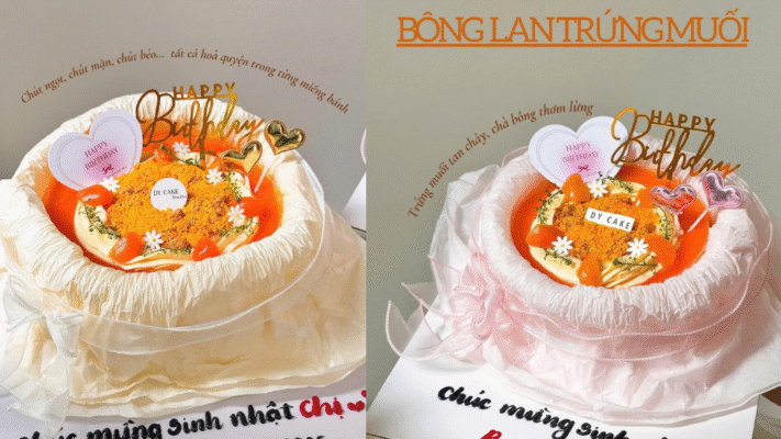 Bánh kem bông lan trứng muối mẫu bó hoa với lớp kem tươi xốp nhẹ